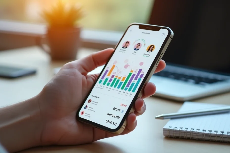 Pantalla de smartphone mostrando una aplicación de finanzas colaborativas con gráficos y conexiones digitales