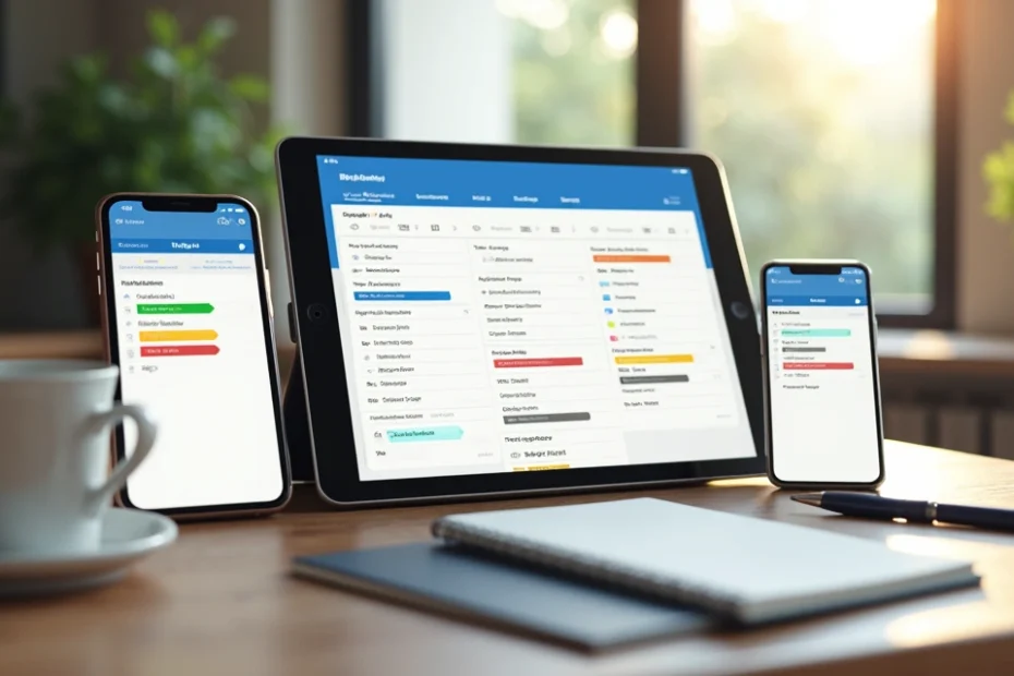 Teléfonos y tablets mostrando diferentes aplicaciones de calendario con interfaces variadas y coloridas