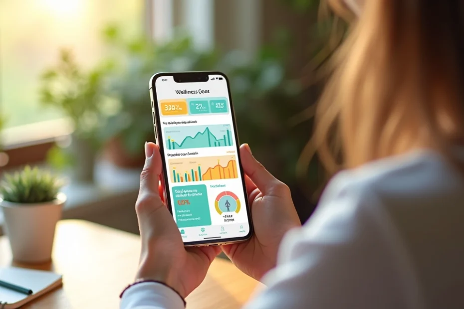 Persona usando una app de bienestar en un teléfono inteligente con gráficos y listas en la pantalla