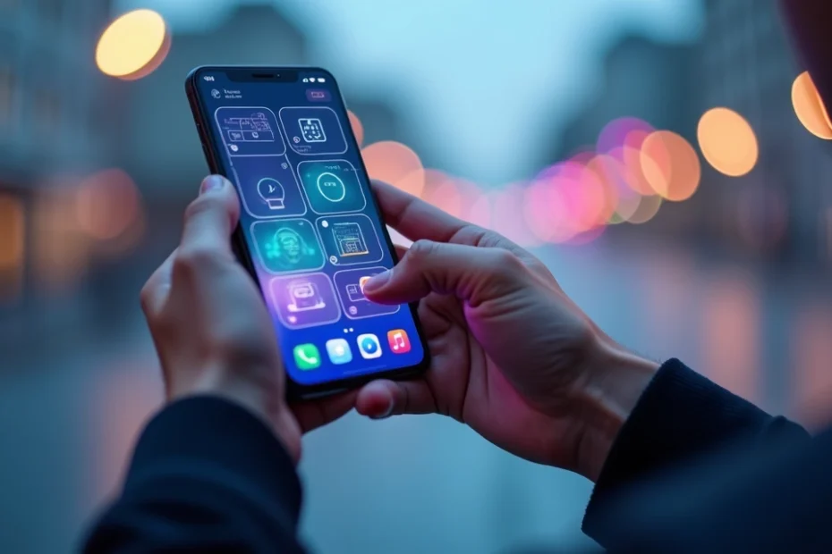 Persona utilizando aplicaciones móviles en pantalla dividida con interfaz tecnológica brillante