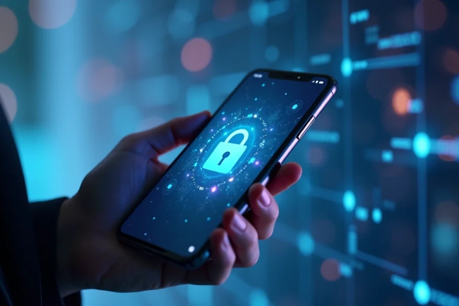 Smartphone con pantalla mostrando icono de candado y fondo digital de seguridad