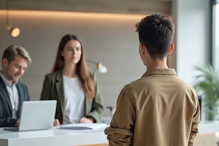 Persona atendiendo a cliente en mostrador con expresión de distracción