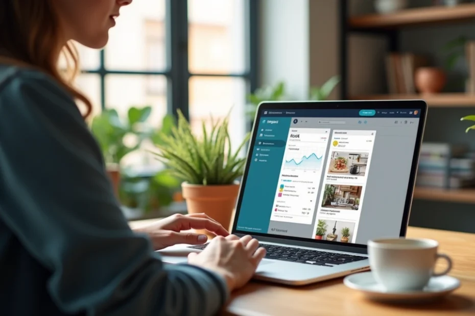 Persona usando laptop para enviar campaña de email marketing en tienda local