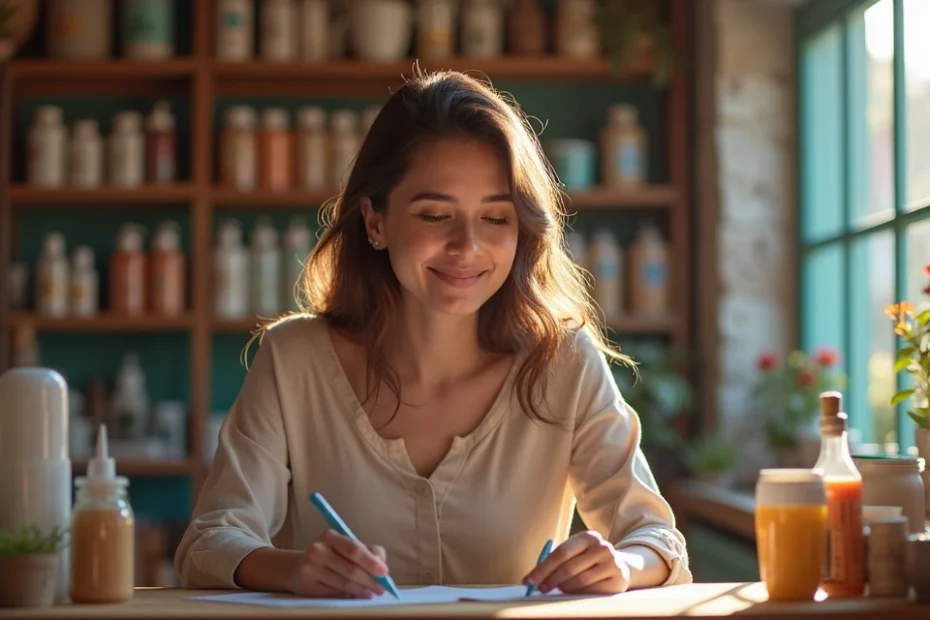 Microinfluencer promocionando productos en una tienda pequeña con clientes interesados alrededor