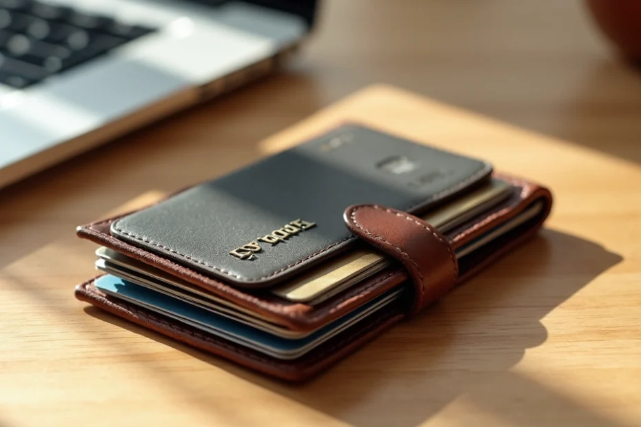 Tarjetas de fidelidad apiladas dentro de una cartera sobre una mesa de madera clara con luz natural