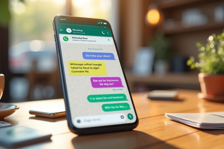 Smartphone mostrando conversación de WhatsApp con mensajes de un negocio local