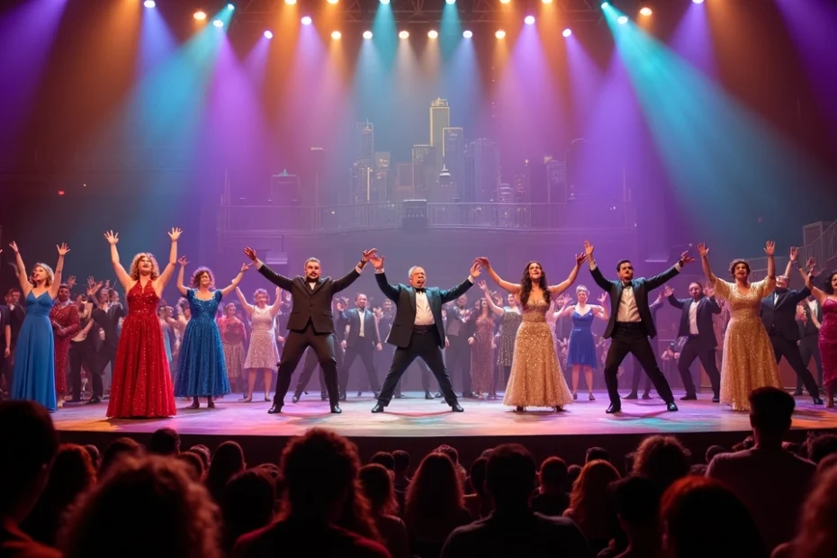 Escenario de musical con elenco cantando bajo luces de colores