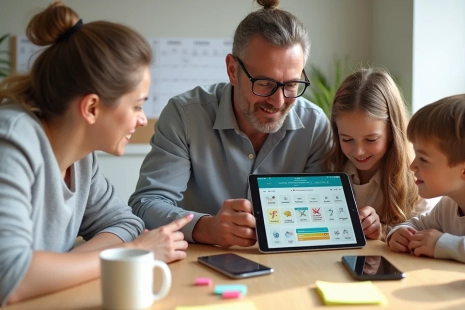 Familia usando aplicaciones en una tablet para organizar tareas del hogar