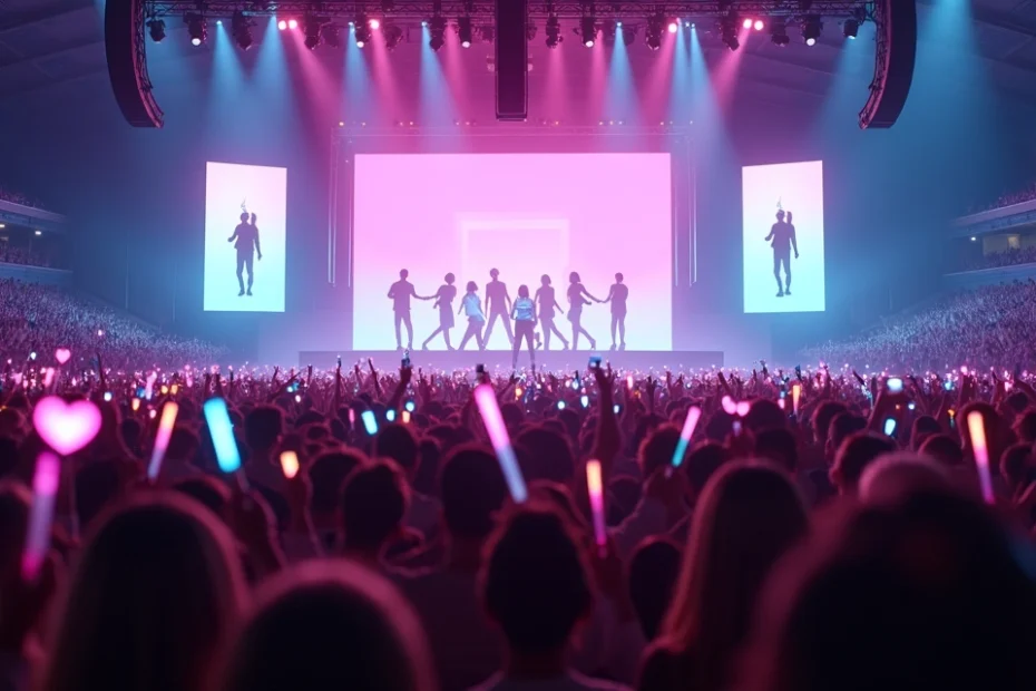 Fans de K-pop con lightsticks en un concierto lleno de luces y pantallas