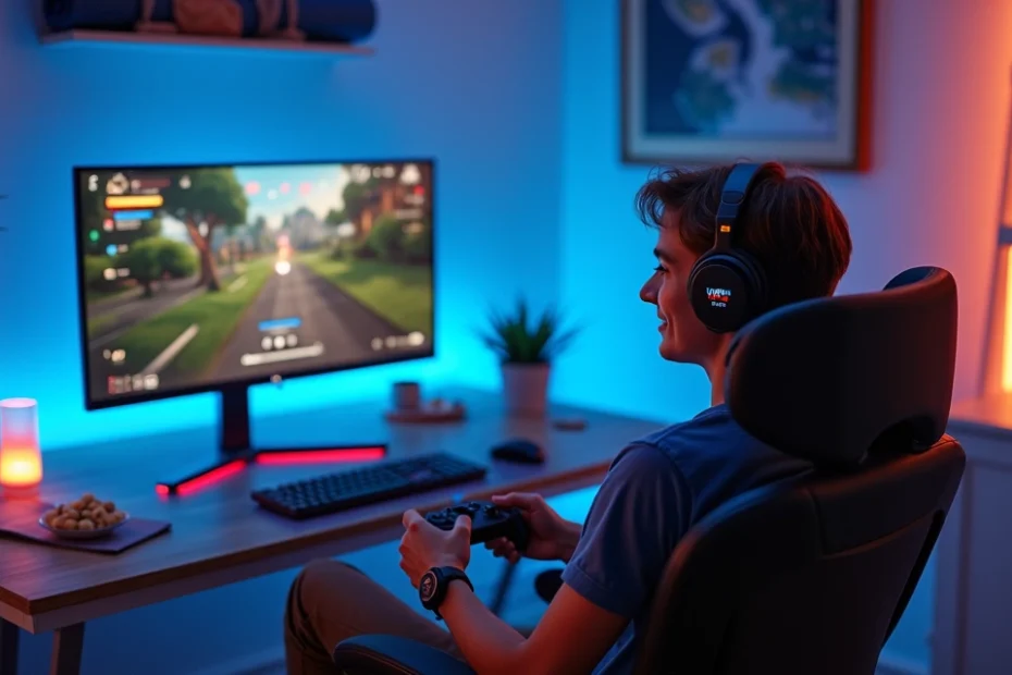 Adulto jugando videojuegos online relajado en sala moderna