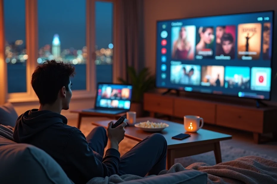 Persona en sofá maratoneando series en la sala con varias pantallas