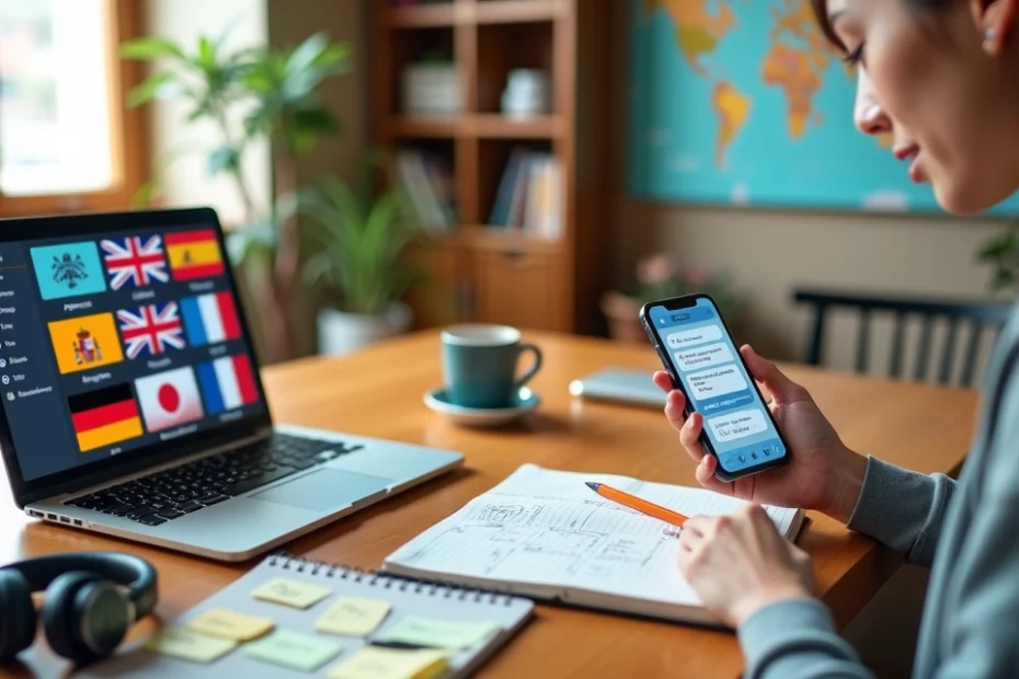 Joven estudiando idiomas con apps en el móvil y portátil en un escritorio moderno