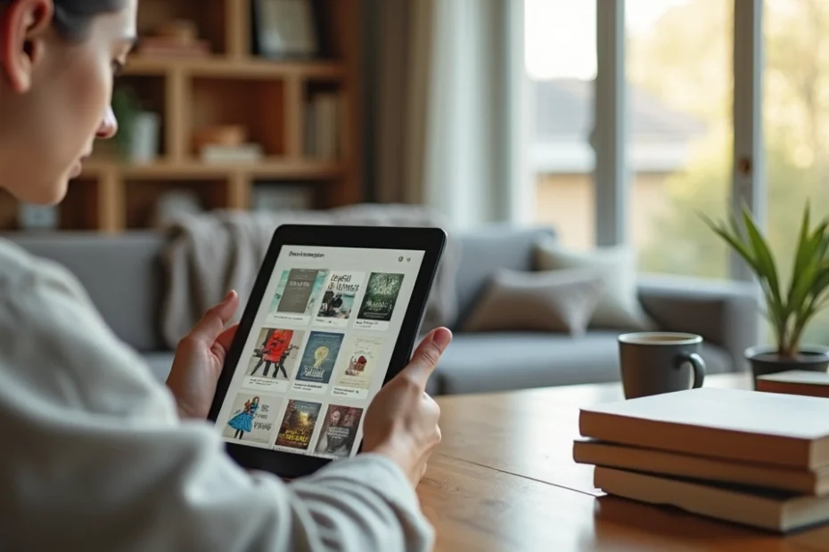 Persona leyendo libros en una tablet rodeada de estanterías de libros