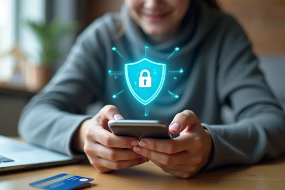 Persona usando app bancaria en el móvil con escudo de seguridad en pantalla