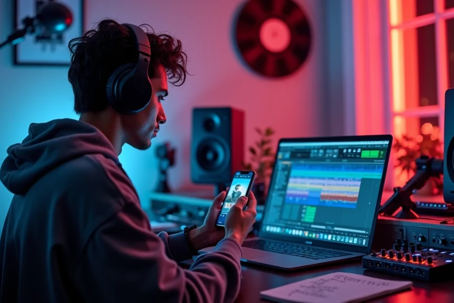 Joven grabando música con TikTok abierto en el móvil