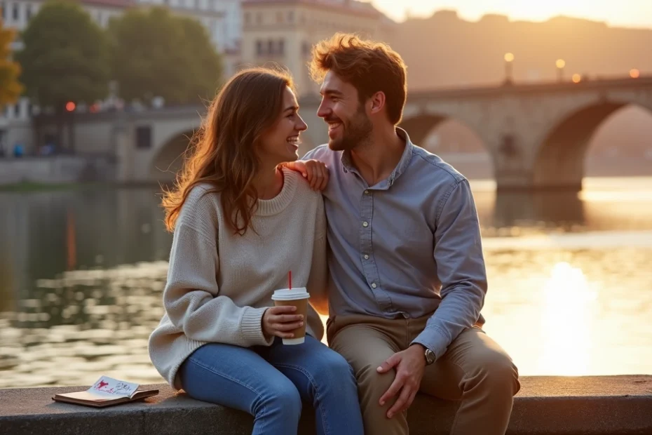 Pareja riendo juntos sentados en la orilla de un río al atardecer