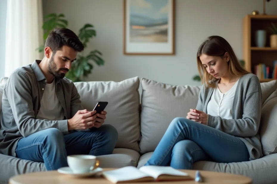 Pareja sentada en salón con uno mirando al móvil y el otro dando la espalda pensativo