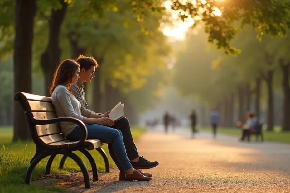 Pareja sentada en un banco con espacio entre ellos respetando la distancia