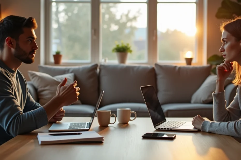 Pareja joven hablando sobre el uso del móvil en la mesa del salón