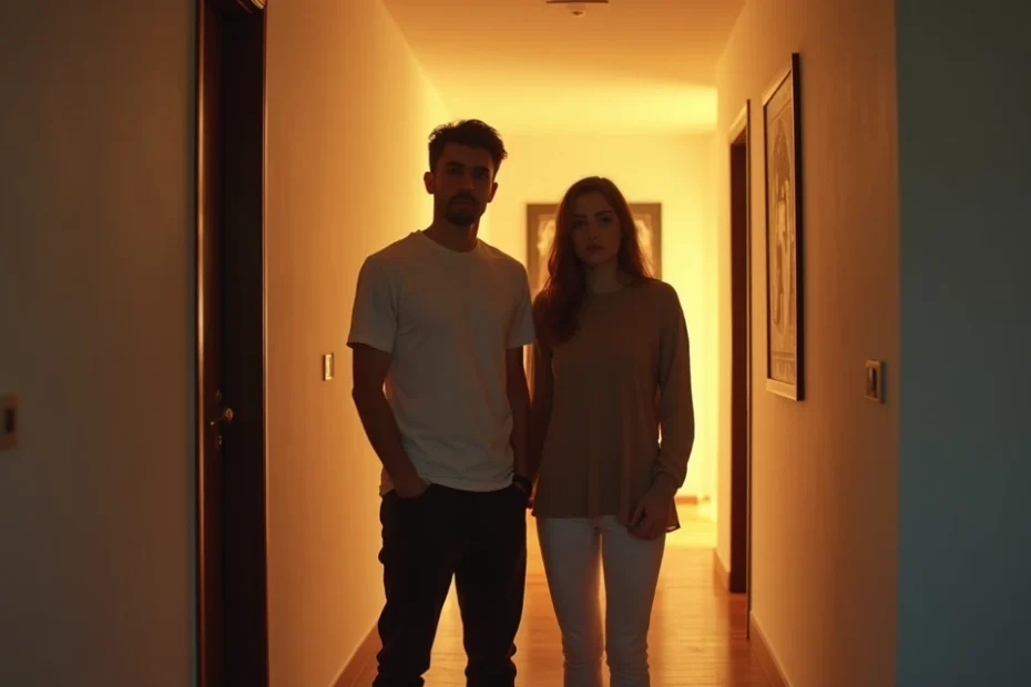Pareja abrazada con sombra insinuando una tercera persona