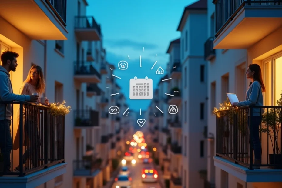 Pareja mirándose desde dos balcones en edificios distintos con un calendario compartido