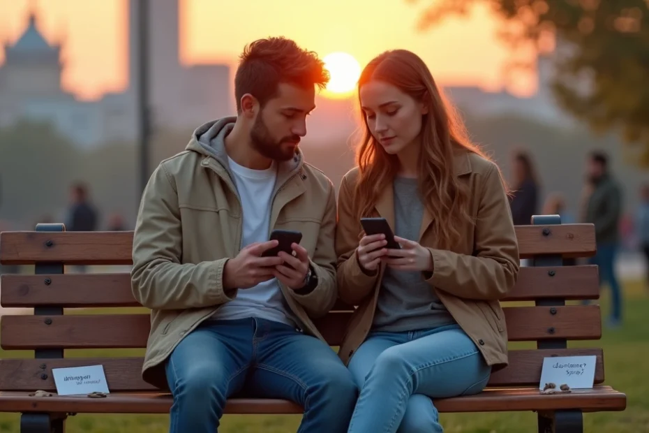 Pareja joven en banco de ciudad mirando sus móviles y evitando contacto visual