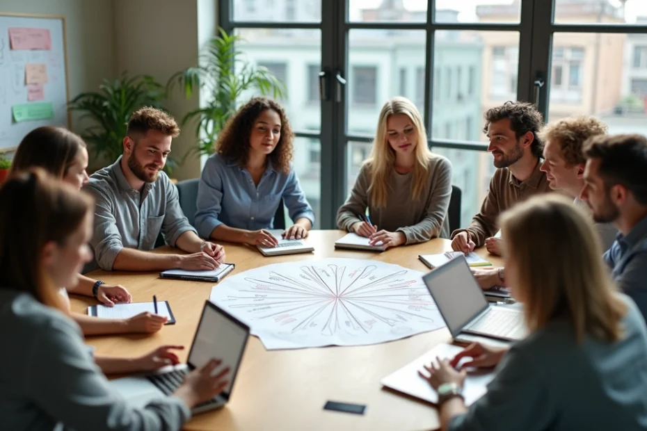 Grupo diverso trabajando en círculo en oficina moderna sin jefes visibles