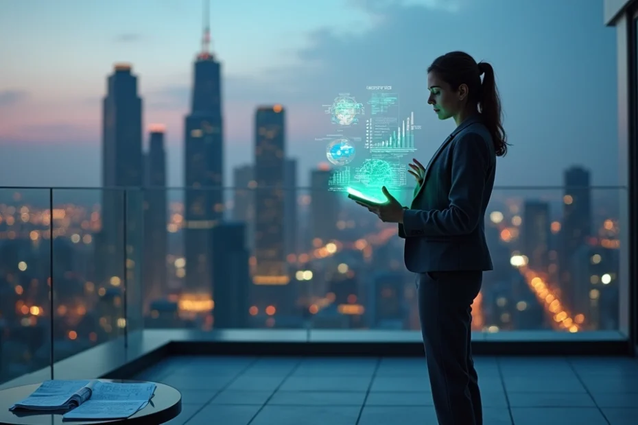 Mujer empresaria sola en azotea con vista nocturna a la ciudad, analizando datos y escuchando su intuición