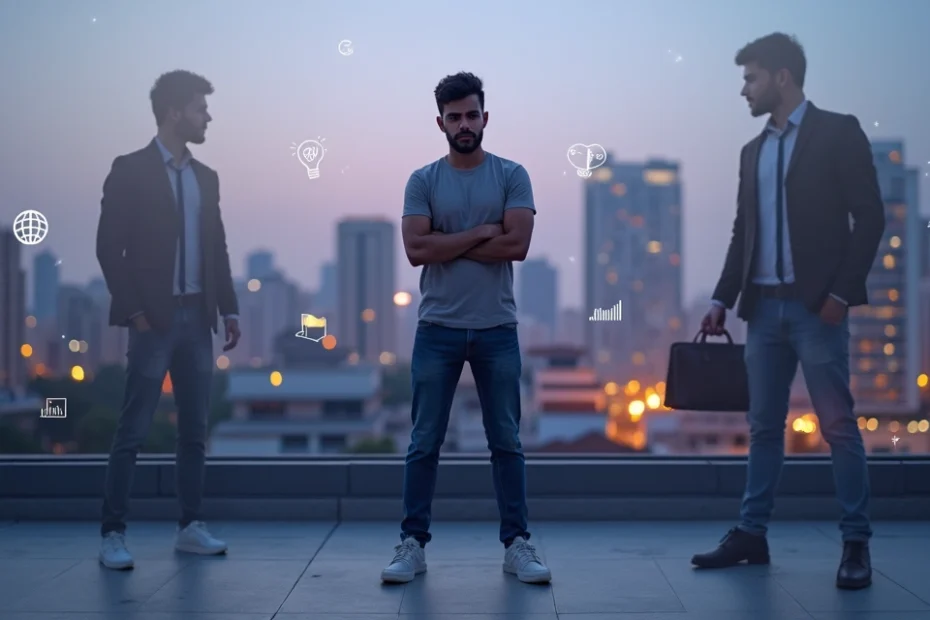 Joven empresario latino observando su sombra con traje exitoso